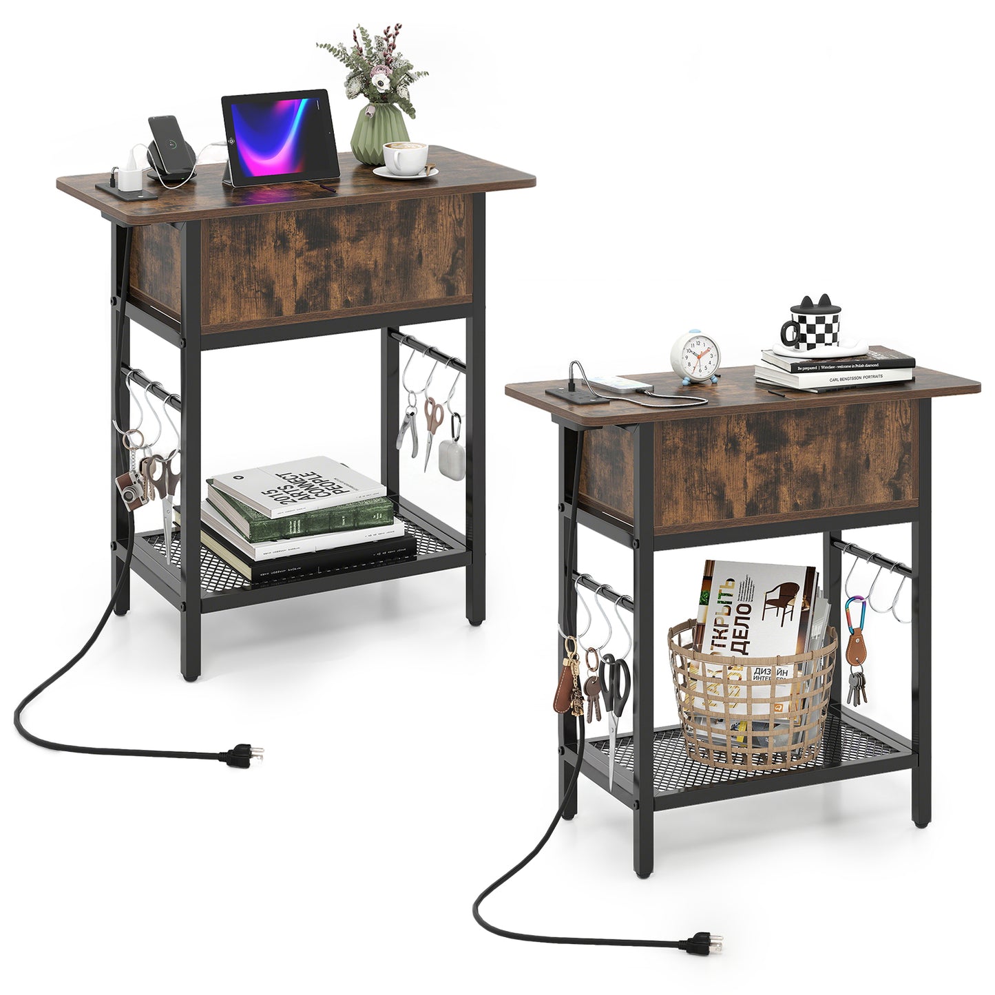 Giantex Set of 2 End Table w/Charging Station, Sofa Side Table w/Storage Shelf for Small Space, Brown