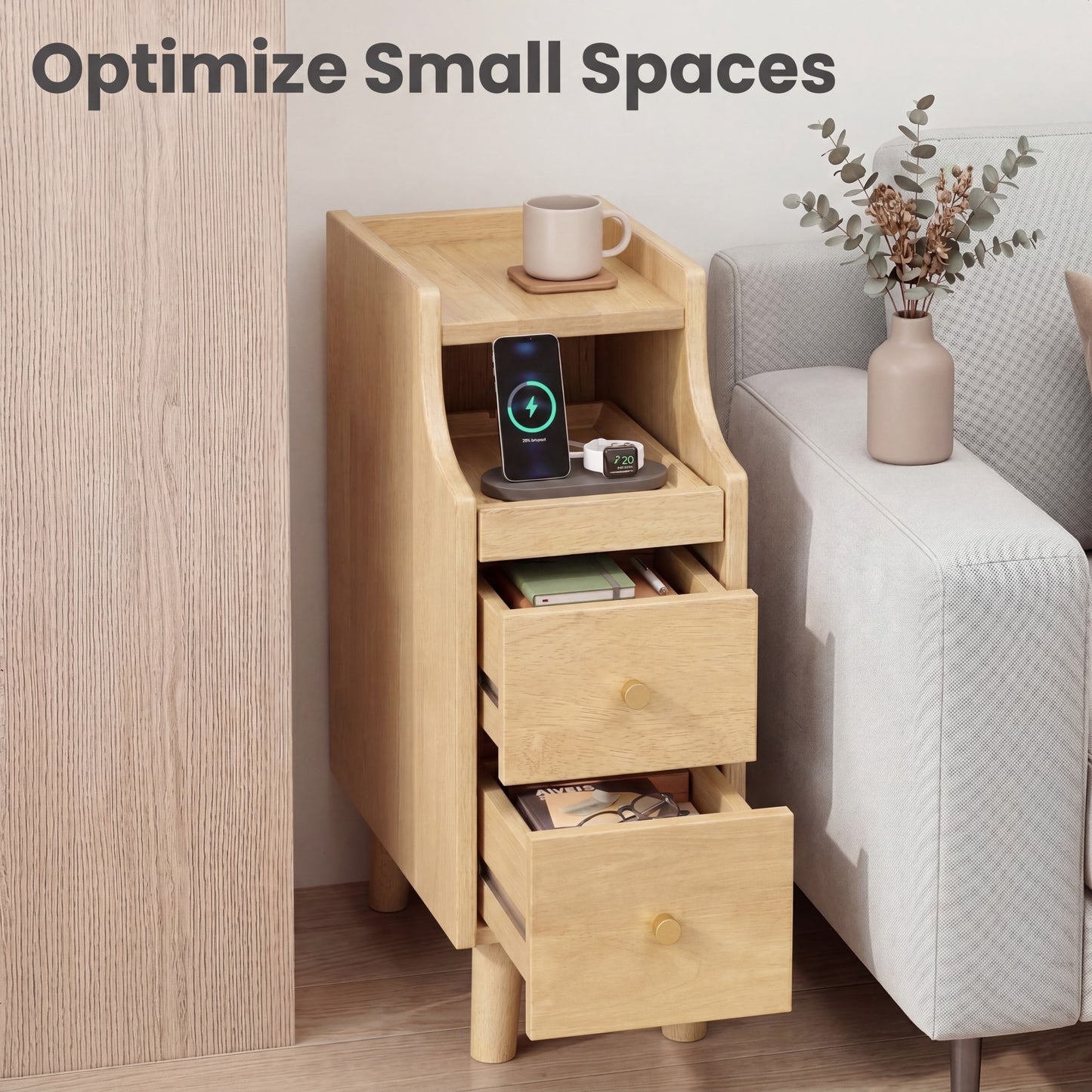 Giantex Nightstands,  Slim Wooden End Tables w/2 Storage Drawers for Small Spaces, Natural