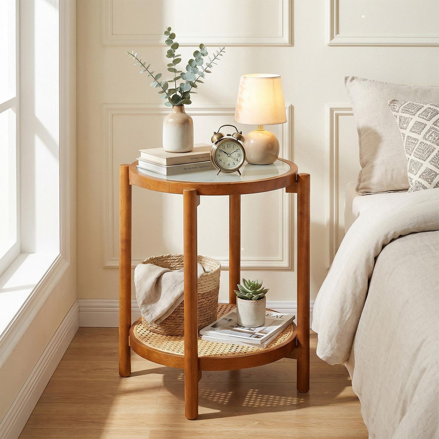 Giantex Round Side Table, Accent End Table w/Acacia Wood Legs, Bedside Table for Home Office, Walnut