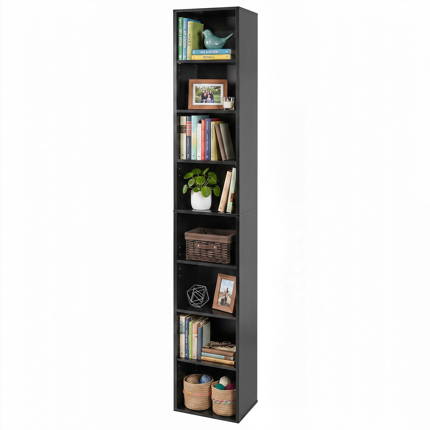 Giantex 71" Tall Narrow Bookshelf, 8-Tier Slim Bookcase, Cube Storage Organizer w/Adjustable Shelves, Black