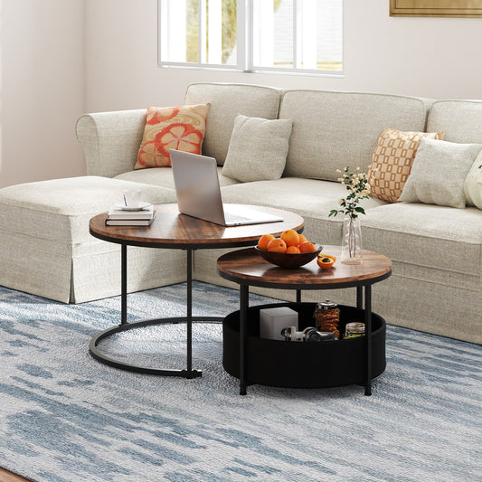 Giantex Round Coffee Table Set of 2, Circle Cocktail Table, Nesting Side Table w/Metal Frame, Brown