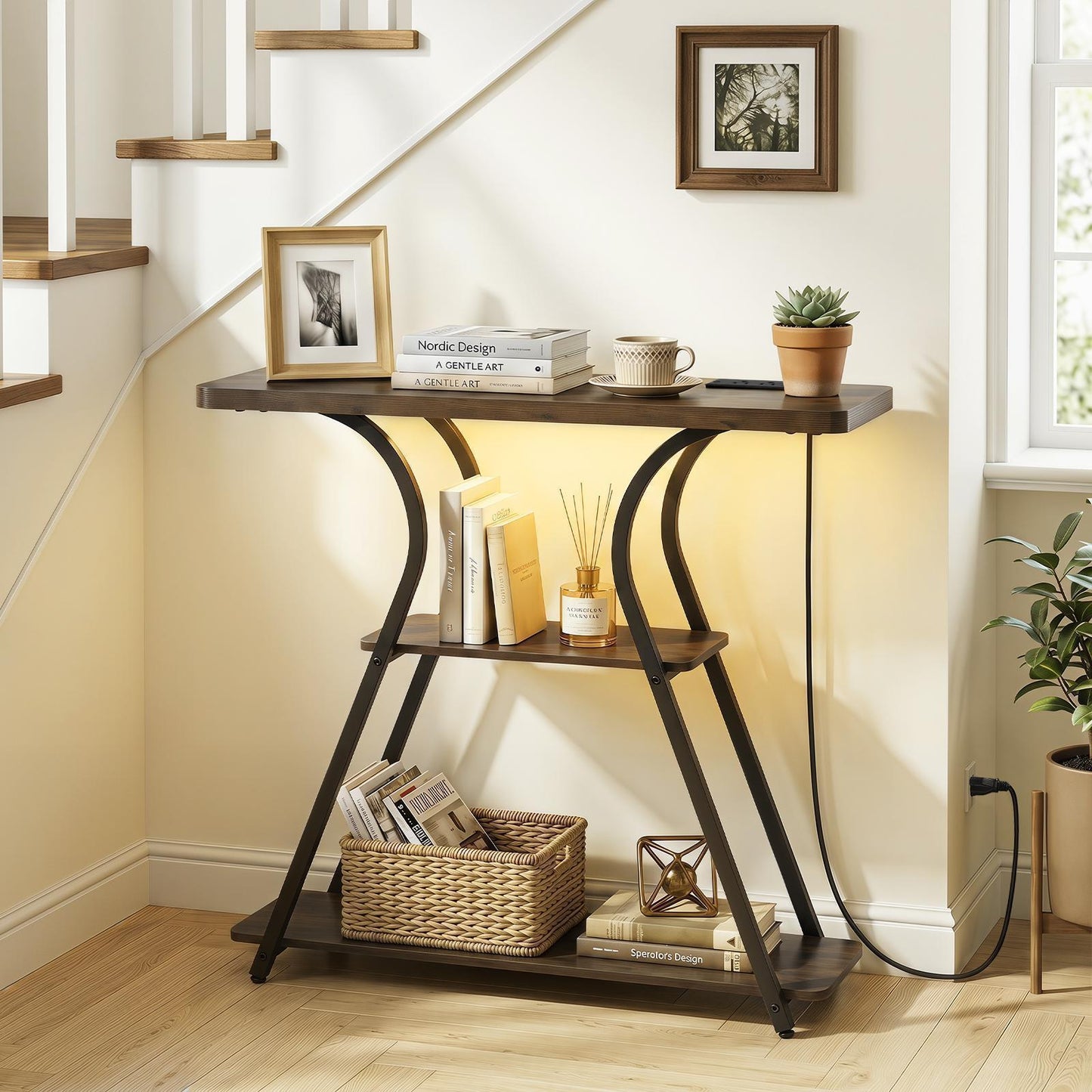 Giantex Console Table w/LED Lights,arrow LongCouch Table w/Power Outlets & Storage Shelves