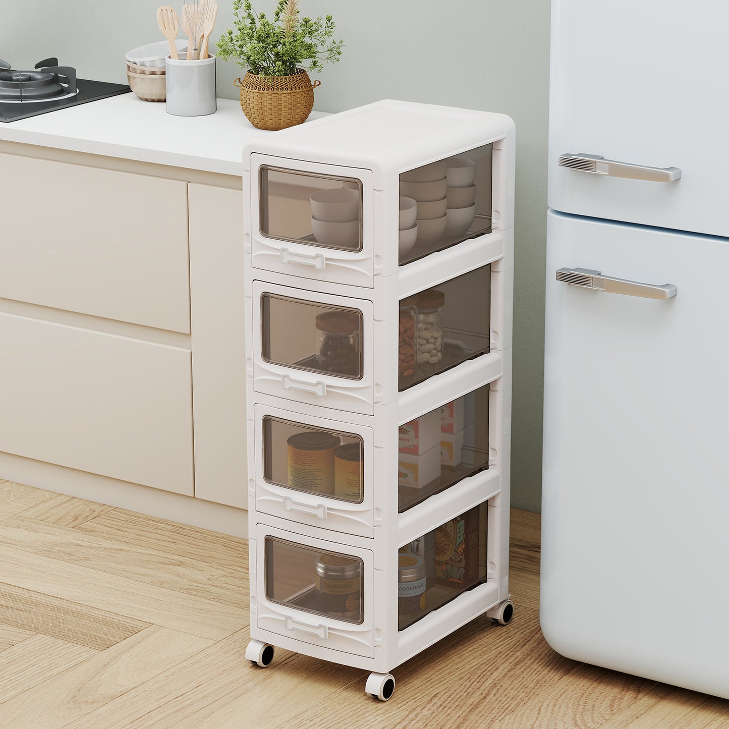 Giantex 4-Tier Plastic Drawer Storage Organizer, Utility Cart w/Lockable Wheels