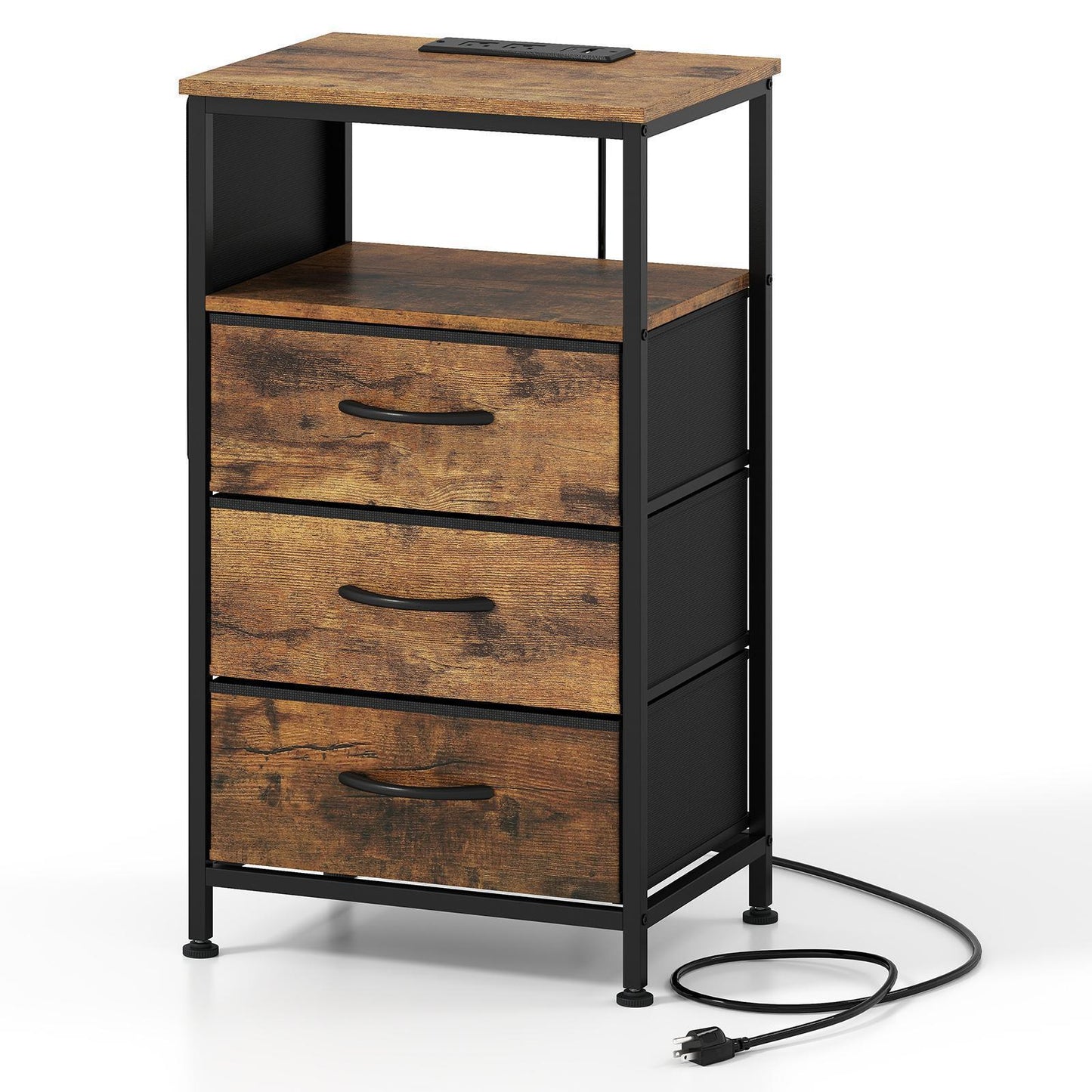 Giantex Nightstand w/Charging Station, Bedside Table w/3 Fabric Drawers, 2 AC Outlets, USB and Type-C Port, Brown