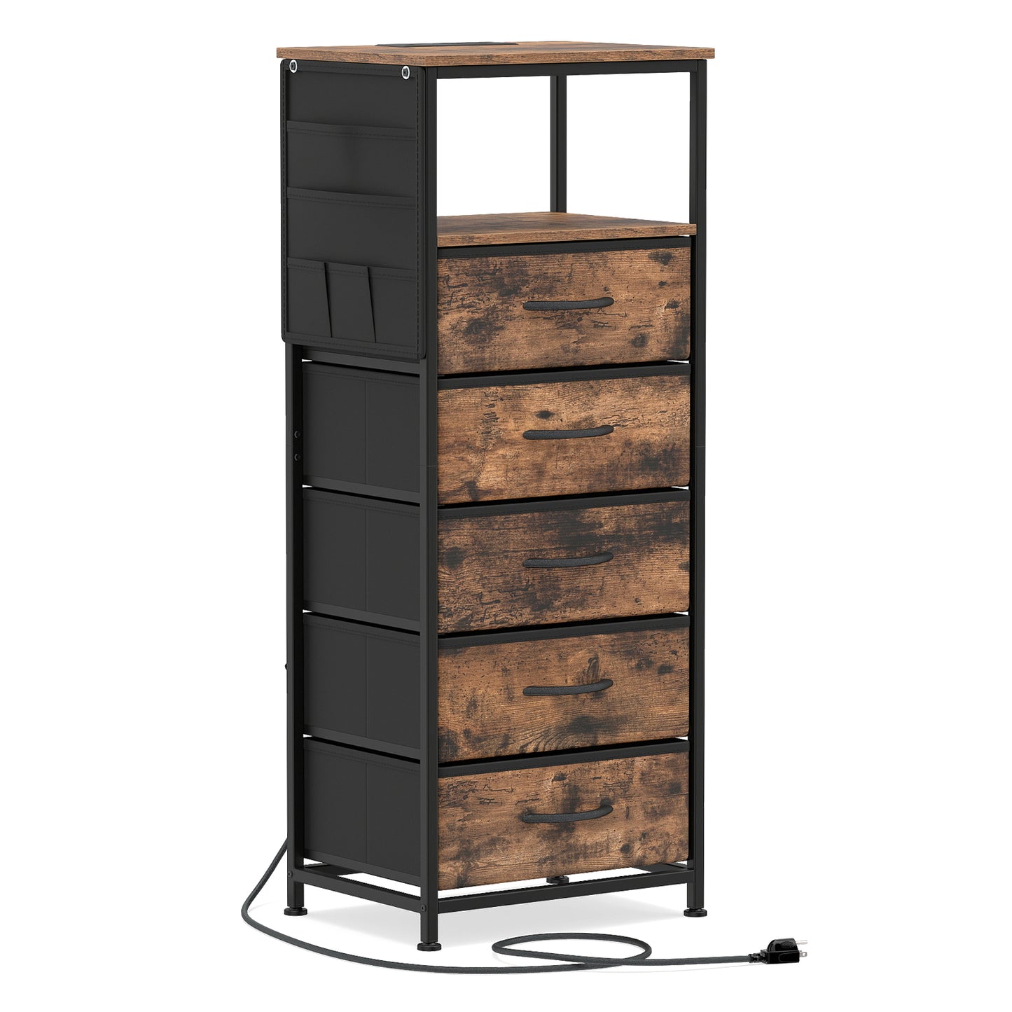 Giantex End Table w/Integrated Charging Station, Nightstand w/5 Fabric Drawers, Bedside Table, Brown