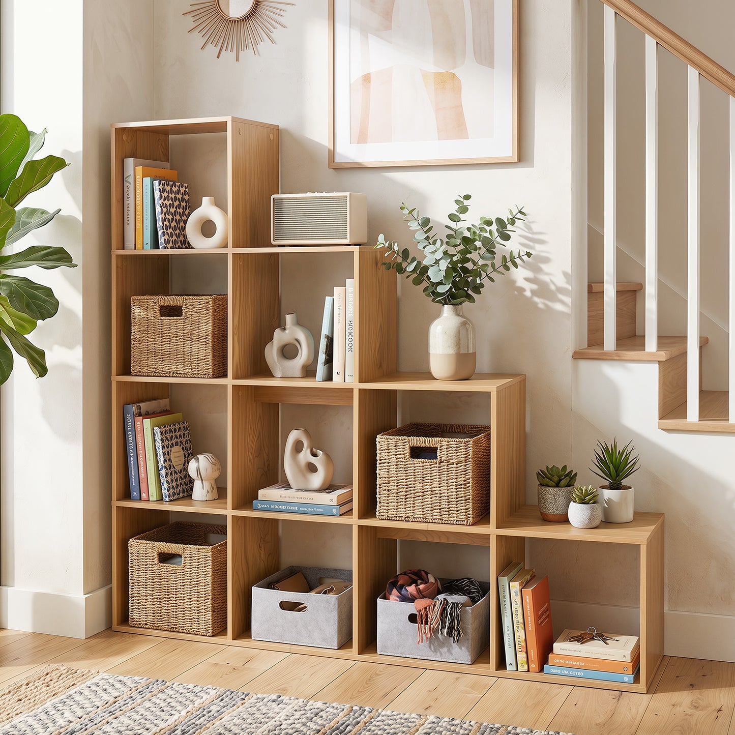 Giantex 10-Cube Bookcase, Wooden Display Shelf w/Anti-Tipping Kits, Natural