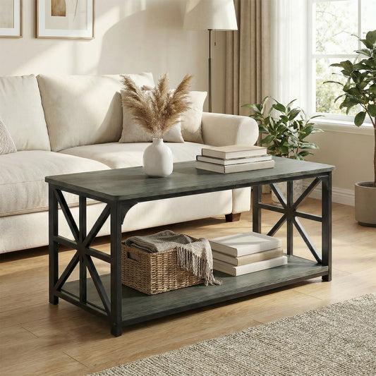 Giantex 2-Tier Coffee Table, Rectangular Accent Table w/Metal Frames, Low Cocktail Table, Oak