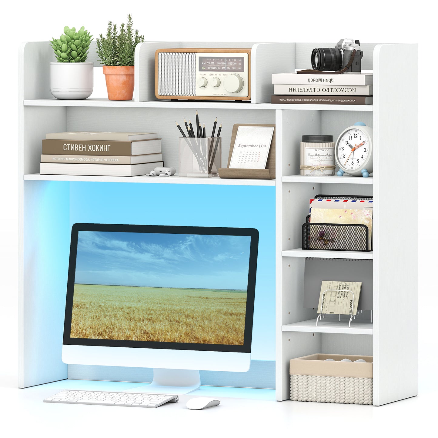 Giantex LED Desktop Bookshelf, Wooden Bookcase w/ Storage Organizer  for Home Office, White