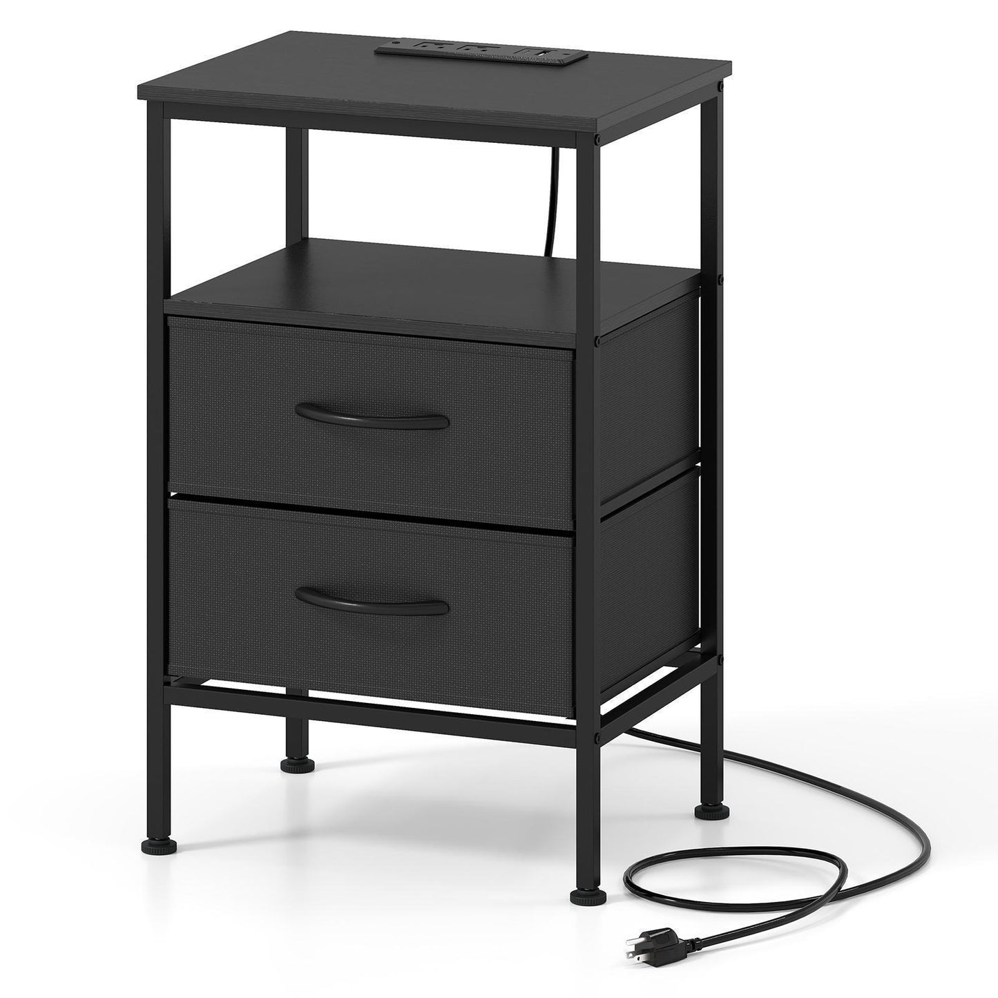 Giantex Nightstand w/Charging Station, End Table w/2 Fabric Drawers, 2 AC Outlets, USB and Type-C Ports, Black