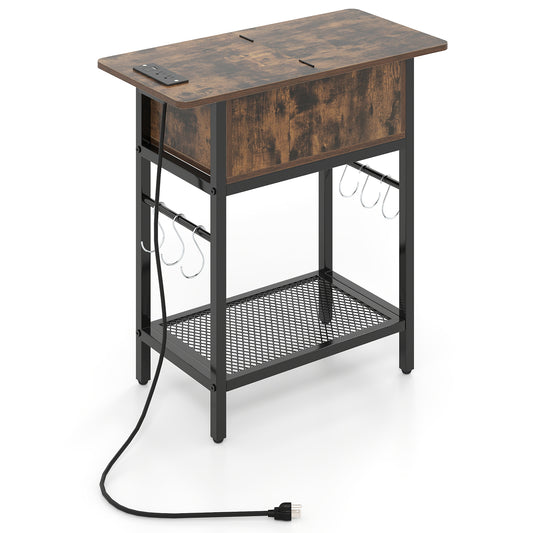 Giantex End Table w/Charging Station, Sofa Side Table w/Storage Shelf for Small Space, Brown