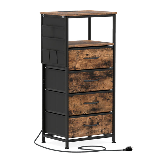 Giantex Nightstand with Integrated Charging Station, Bedside Table w/Metal Frame, Brown