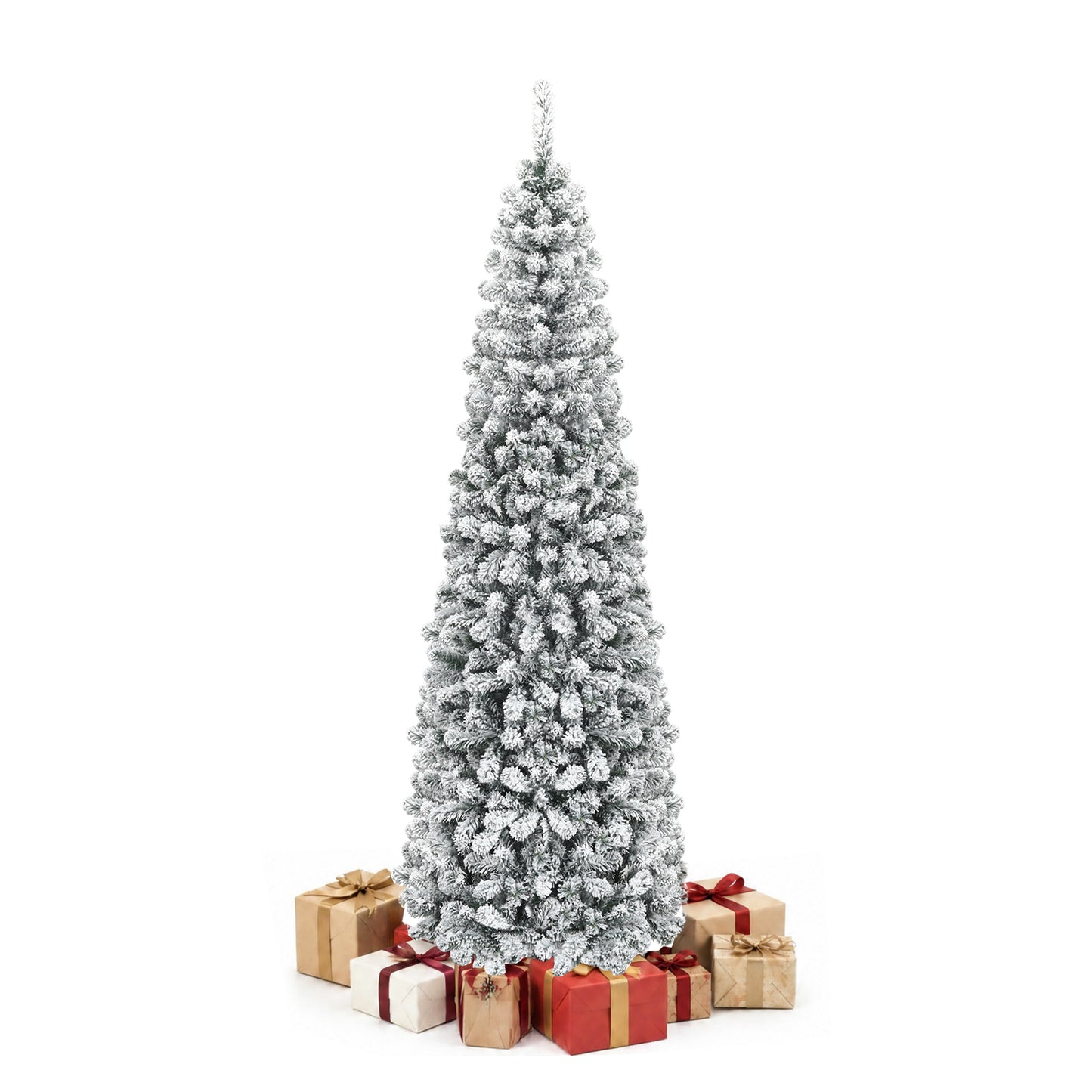 Giantex 7.5 FT Hinged Flocked Pencil Christmas Tree Unlit, White