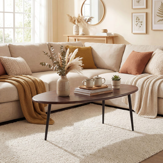 Giantex Oval Coffee Table, Mid-Century Sofa Accent Table w/Rounded Edges, Easy Assembly, Walnut