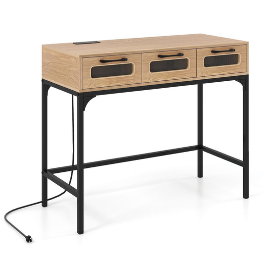 Giantex Console Table w/LED Lighting, Wooden Slim Sofa Table w/Charging Station & Metal Legs, Natural