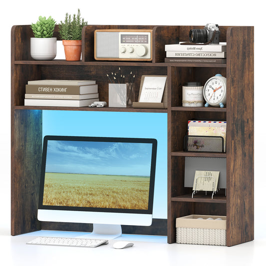 Giantex LED Desktop Bookshelf, Wooden Bookcase w/ Storage Organizer  for Home Office, Brown