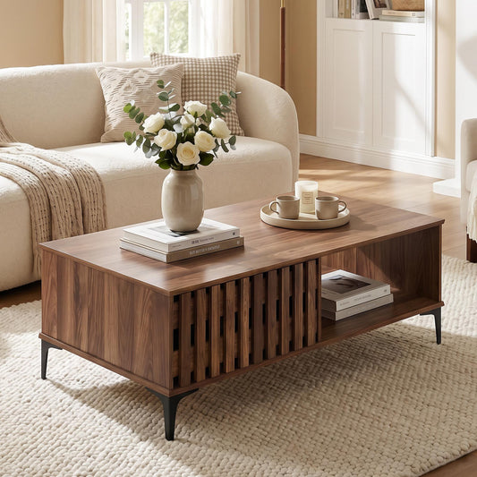 Giantex Mid Century Coffee Table, Wooden Center Table w/Open Compartment, Accent Table