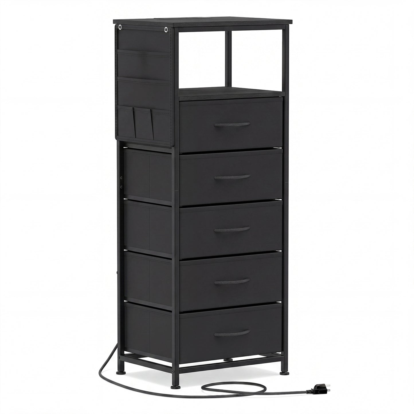 Giantex End Table w/Integrated Charging Station, Nightstand w/5 Fabric Drawers, Bedside Table, Black