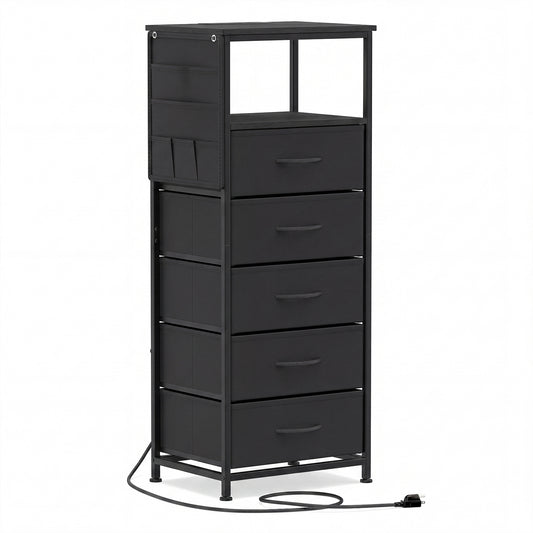 Giantex End Table w/Integrated Charging Station, Nightstand w/5 Fabric Drawers, Bedside Table, Black