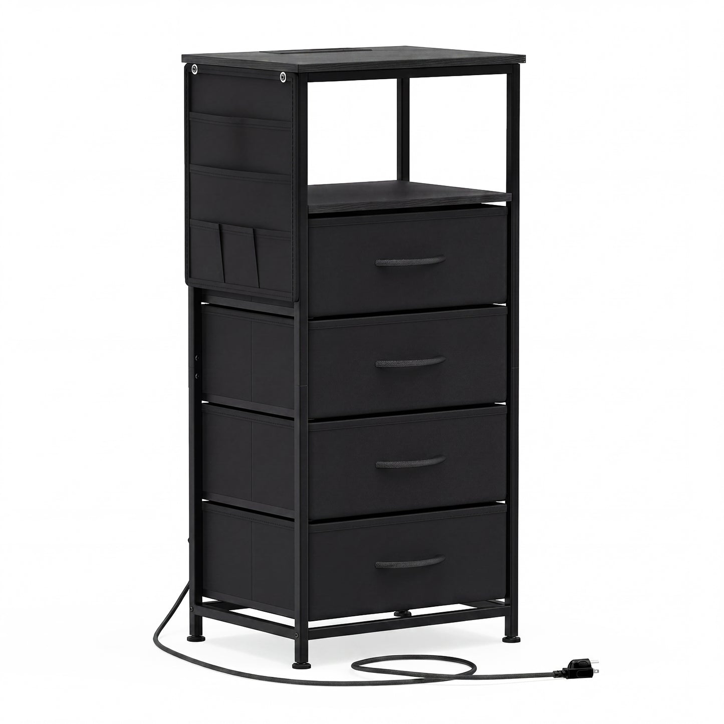 Giantex Nightstand with Integrated Charging Station, Bedside Table w/Metal Frame, Black