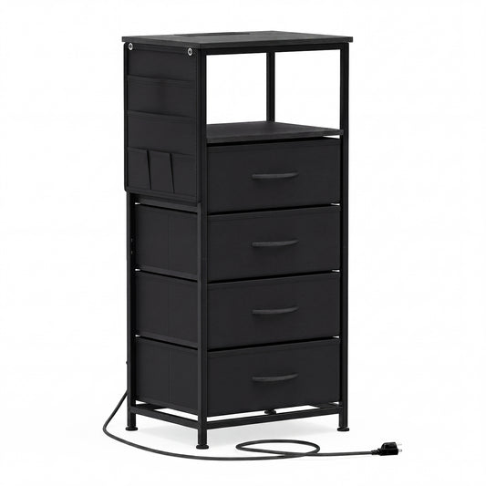 Giantex Nightstand with Integrated Charging Station, Bedside Table w/Metal Frame, Black
