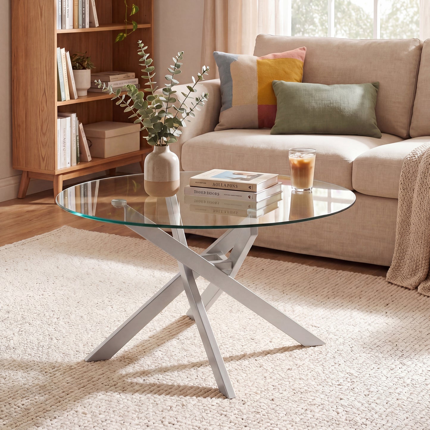 Giantex Glass Coffee Table, Round Clear Center Table, Modern Accent Cocktail Table for Home, Sliver