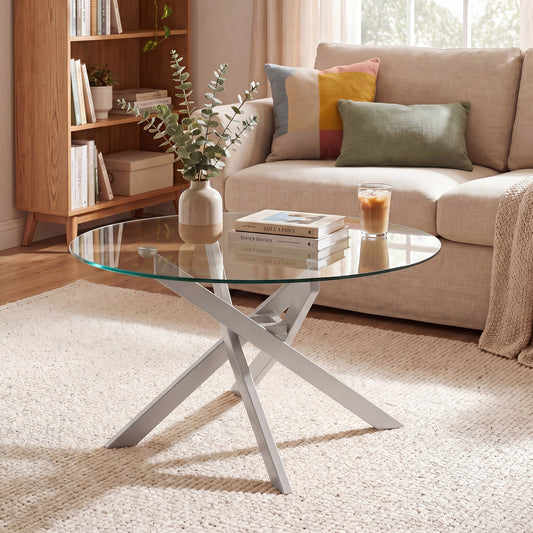 Giantex Glass Coffee Table, Round Clear Center Table, Modern Accent Cocktail Table for Home, Sliver