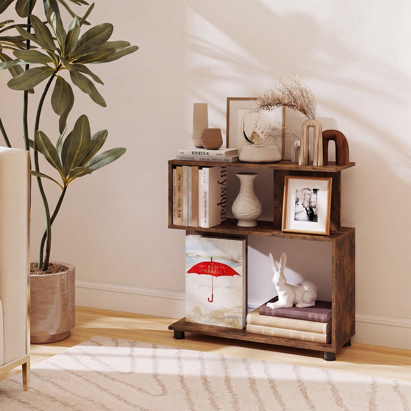 Giantex S-Shaped Bookcase, Narrow Sofa Side Bookshelf, Slim End Table for Home, Brown