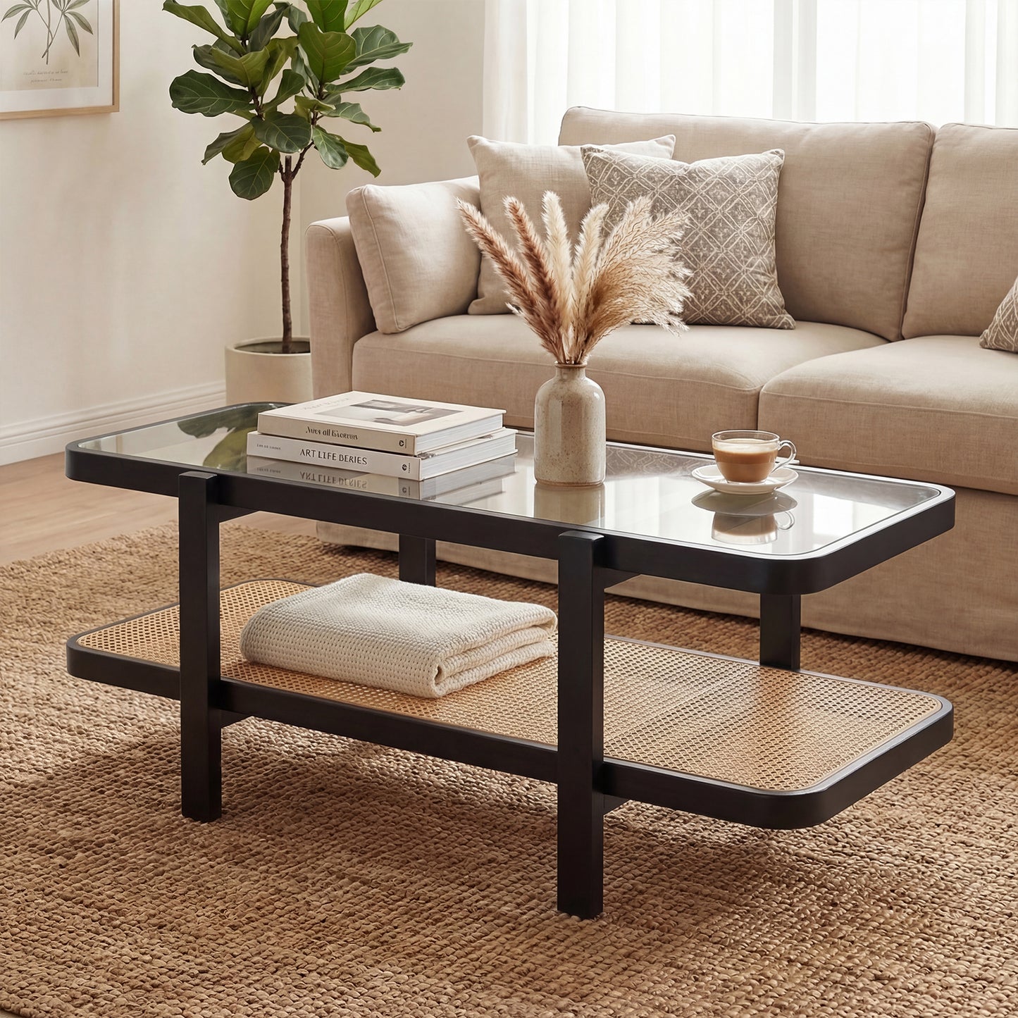 Giantex 2-Tier Boho Coffee Table, Accent Table w/PE Rattan Shelf, Center Table, Black