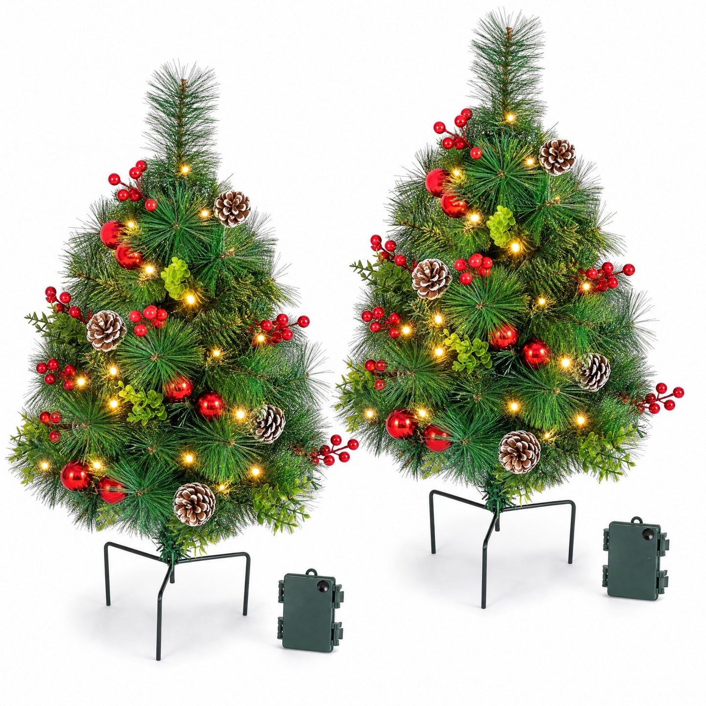Giantex Set of 2 25 Inch Pre Lit Pathway Christmas Trees Battery Operated with Timer
