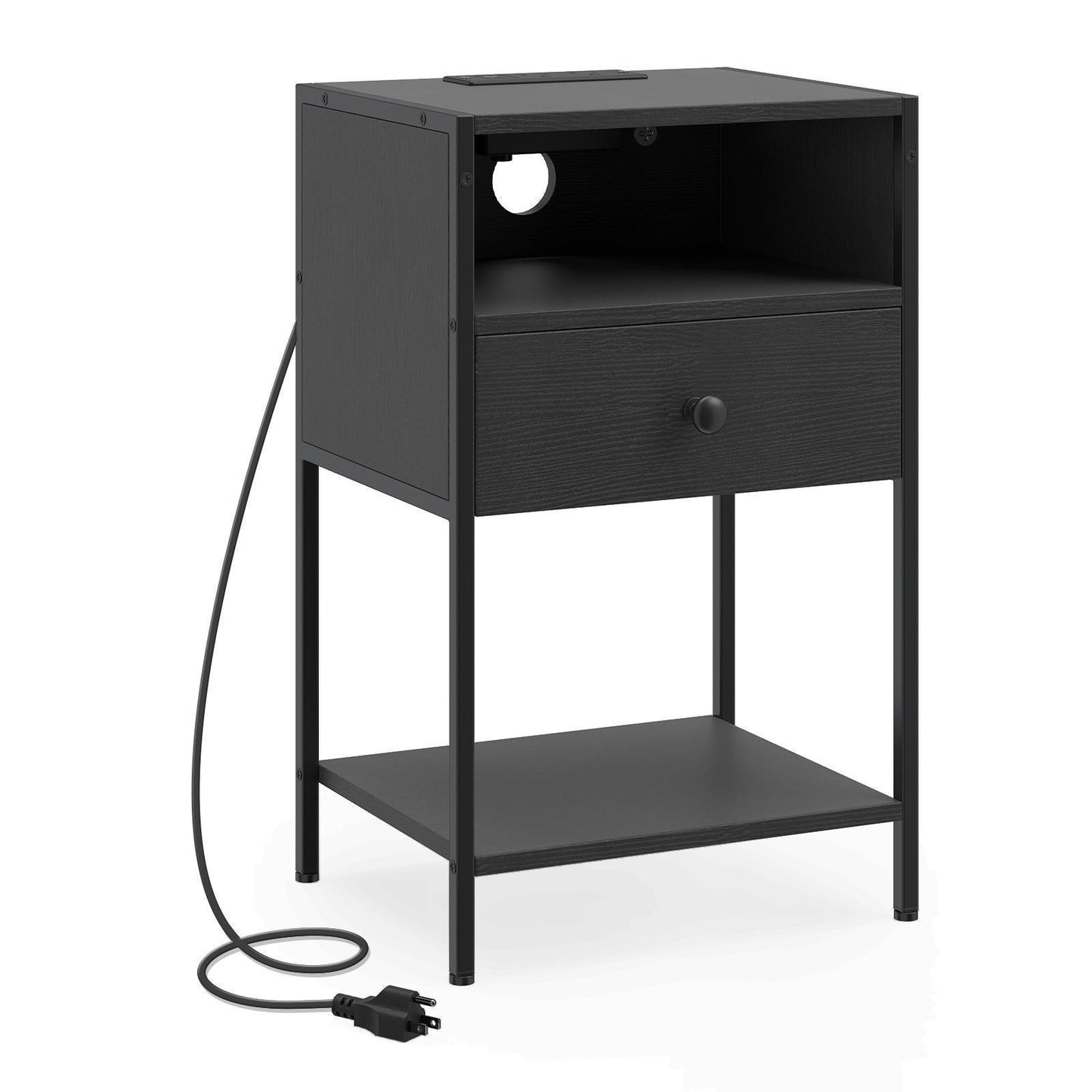 Giantex Nightstand w/USB Ports & Outlets, Bedside Table w/Storage Drawer for Home, Black
