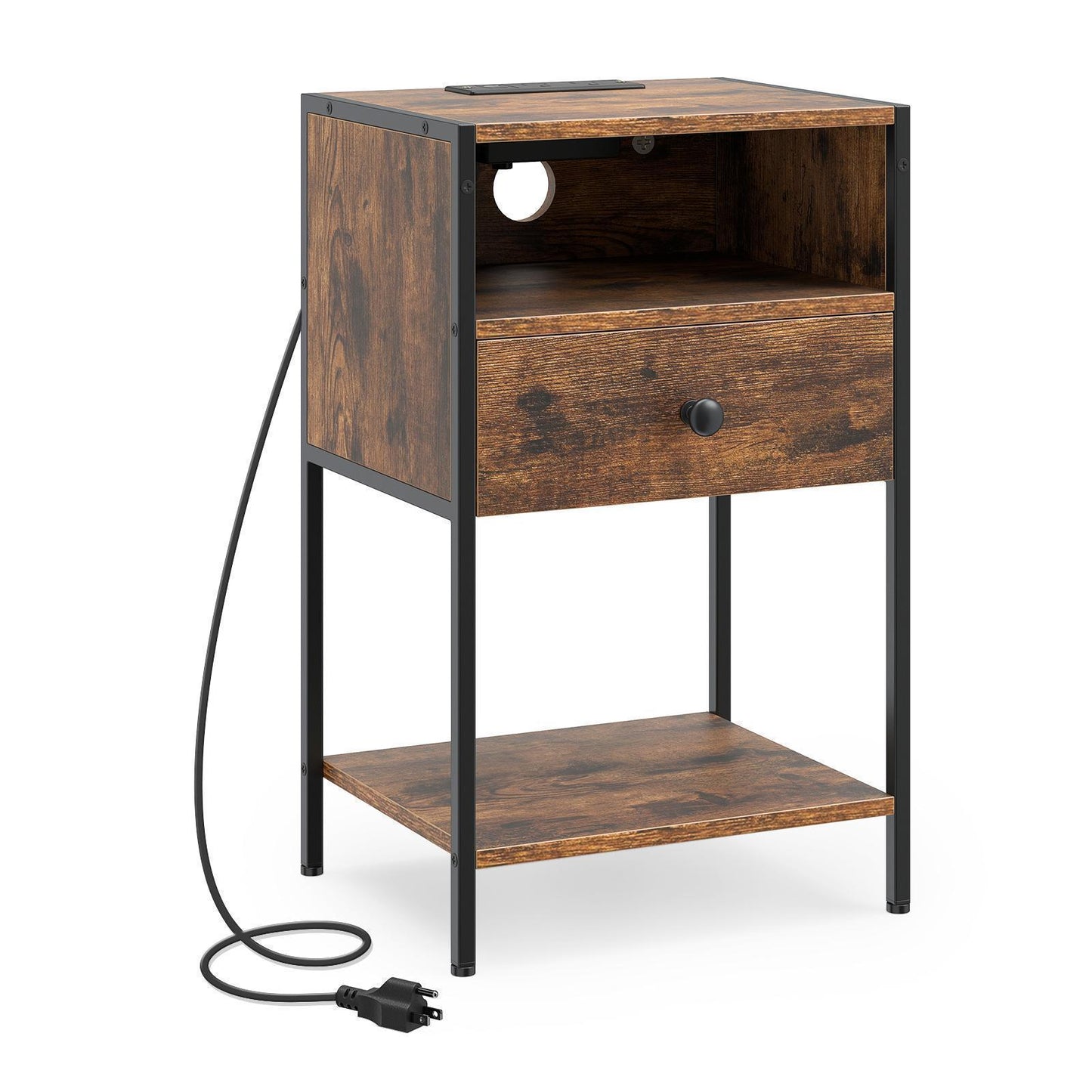 Giantex Nightstand w/USB Ports & Outlets, Bedside Table w/Storage Drawer for Home, Brown