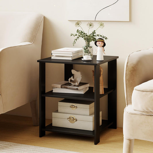 Giantex3-Tier End Table,Square Nightstand Bedside Table w/Storage Shelves, Black