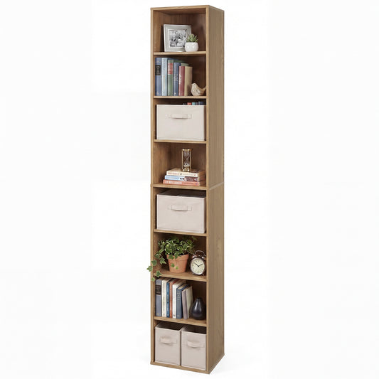 Giantex 71" Tall Narrow Bookshelf, 8-Tier Slim Bookcase, Cube Storage Organizer w/Adjustable Shelves, Natural