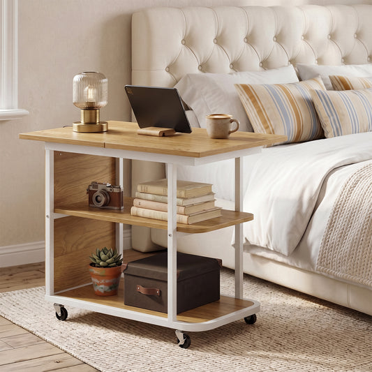 Giantex Sofa Side Table, Mobile End Table, Rolling Bedside Table w/Metal Frame, Natural