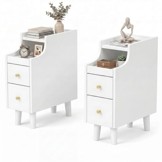 Giantex set of 2 Nightstands, Slim Wooden End Tables w/2 Storage Drawers for Small Spaces, White