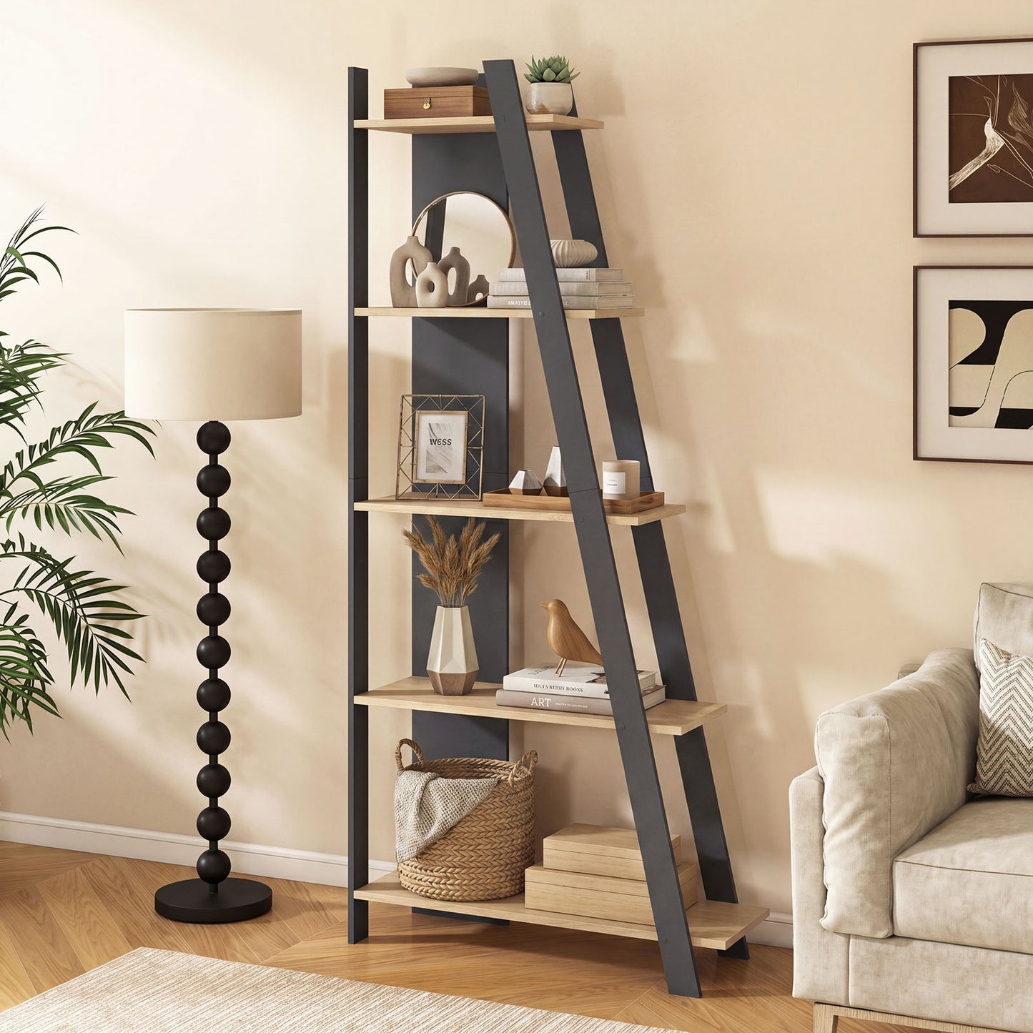Giantex 5-Tier Ladder Bookshelf, Floor Standing Bookcase for Living Room, Narrow Display Rack, Gray