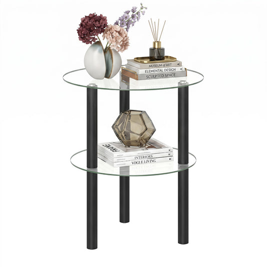 Giantex Round End Table, Small Accent Sofa Side Table w/Clear Tempered Glass Top, Black