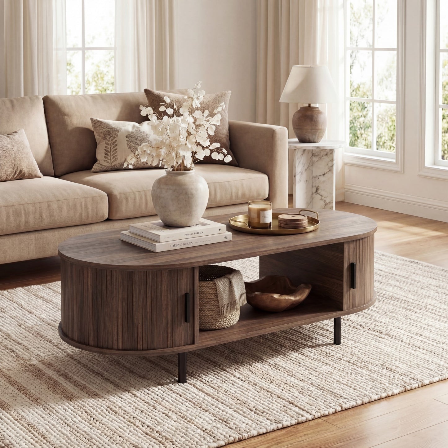 Giantex Coffee Table, Oval Living Room Center Table, Wooden Mid Century Accent Table, Walnut
