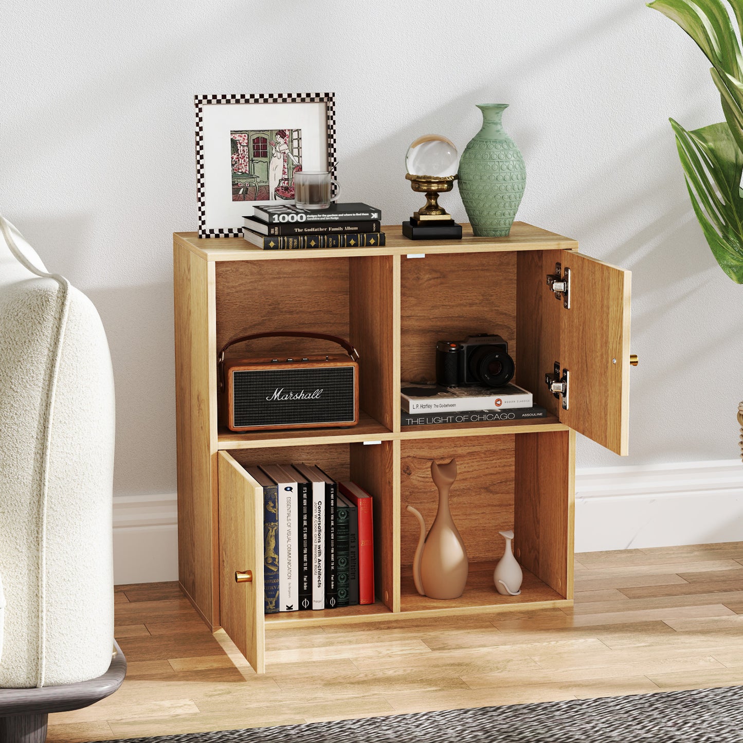 Giantex cube Bookcase, Wooden Bookshelf w/4-cube, Display Compartment Cabinet forBedroom, Living Room, Natural