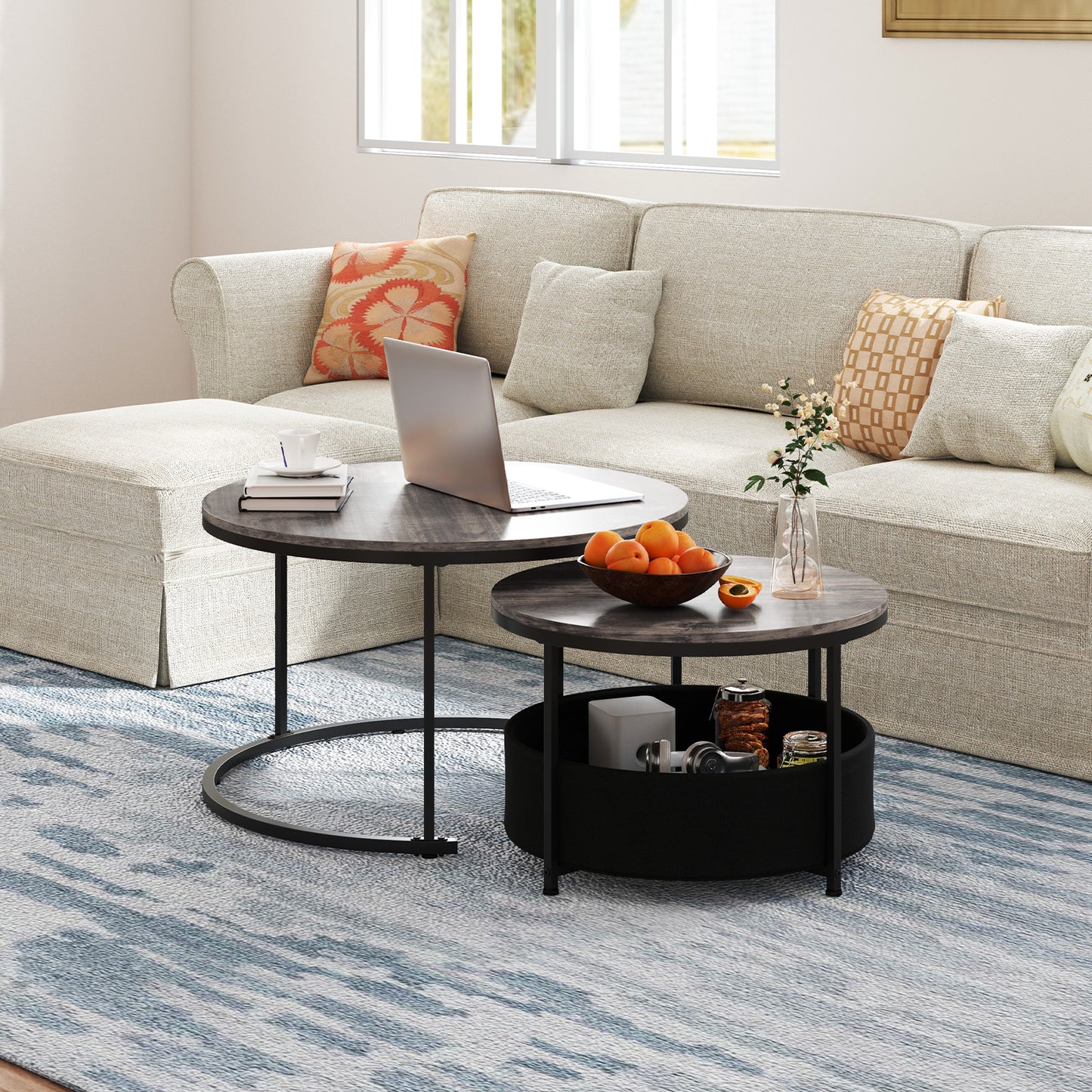Giantex Round Coffee Table Set of 2, Circle Cocktail Table, Nesting Side Table w/Metal Frame, Gray