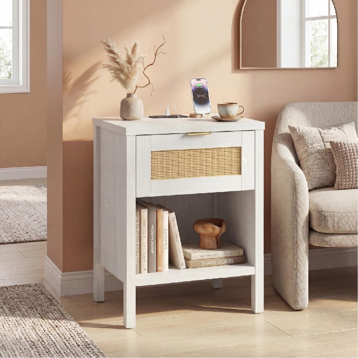 Giantex Rattan Nightstand, Wood Bedside End Table w/USB Ports for Bedroom, White