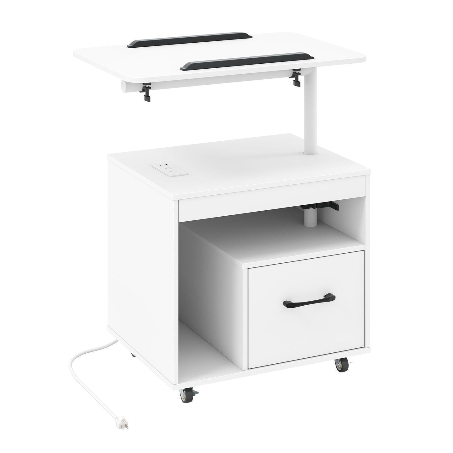 GiantexLED Nightstand w/Power Outlets,Rolling Sofa Side Table, Bedside Table w/Storage Shelf, White