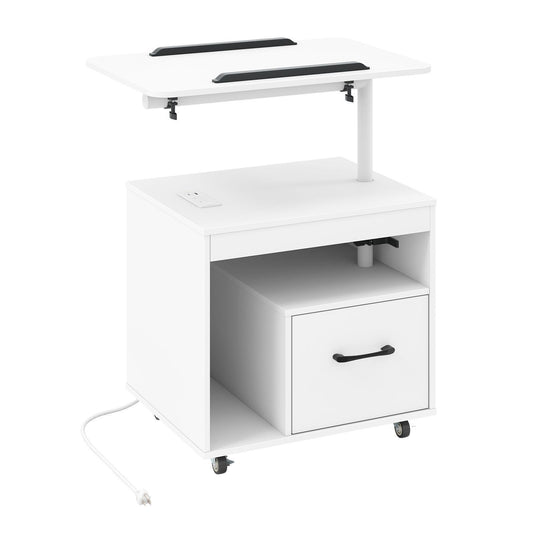GiantexLED Nightstand w/Power Outlets,Rolling Sofa Side Table, Bedside Table w/Storage Shelf, White