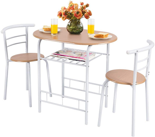 Giantex 3 Piece Compact Dining Set, Dining Table and 2 Chairs with Metal Frame and Shelf Storage, Couple Table Chair Set for 2, Tan
