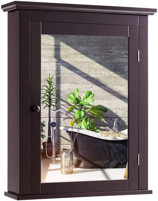 Giantex Bathroom Mirror Cabinet, Wall Mounted Storage Cabinet with Mirror Door and Adjustable Shelf, Mirrored Medicine Cabinet for Bathroom, Living Room, Cloakroom, 22 x 6 x 27.5 inches (Brown)