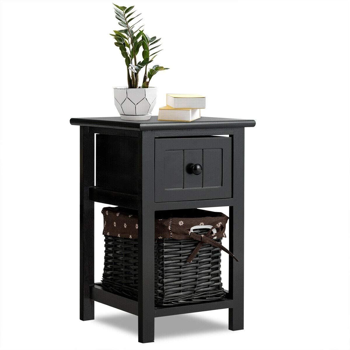 Giantex Wooden Nightstand, Safeplus End Table with Wooden Drawer and Wicker Drawer, Bedside Sofa Storage Organizer for Home Living Room Bedroom