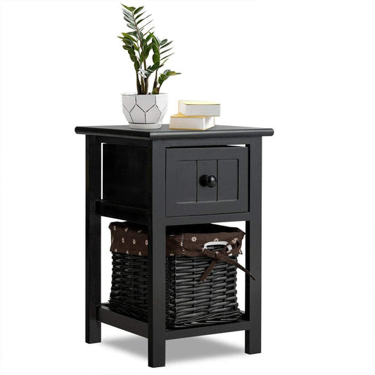 Giantex Wooden Nightstand, Safeplus End Table with Wooden Drawer and Wicker Drawer, Bedside Sofa Storage Organizer for Home Living Room Bedroom