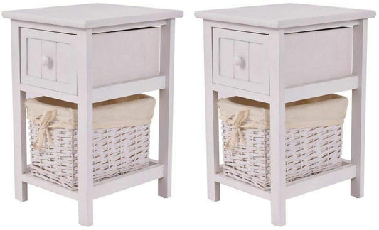 Giantex Wooden Nightstand, Safeplus End Table with Wooden Drawer and Wicker Drawer, Bedside Sofa Storage Organizer for Home Living Room Bedroom, White-2