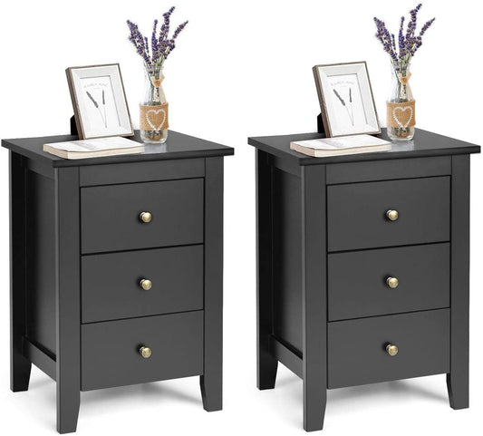 Giantex 2 Nightstand, Side Table with 3 Drawers, Bedroom Side Storage Cabinet Wooden End Table Accent Table Solid Wood Legs,Black