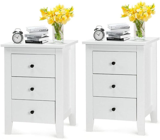 Giantex 2 Nightstand, Side Table with 3 Drawers, Bedroom Side Storage Cabinet Wooden End Table Accent Table Solid Wood Legs,  White